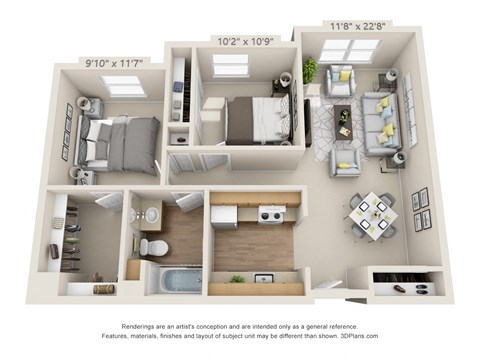 Floor plan for 2 beds, 1 bath, 848 sqft